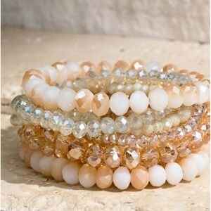 Beaded Bracelet Set of 9‎ Glass Bead Stacking Layering Nude Champagne Opal NEW